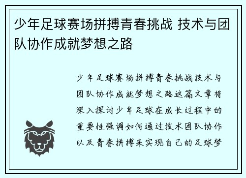 少年足球赛场拼搏青春挑战 技术与团队协作成就梦想之路