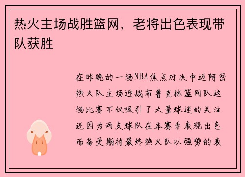 热火主场战胜篮网，老将出色表现带队获胜