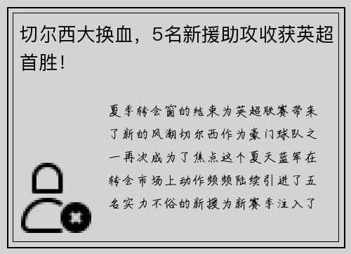 切尔西大换血，5名新援助攻收获英超首胜！